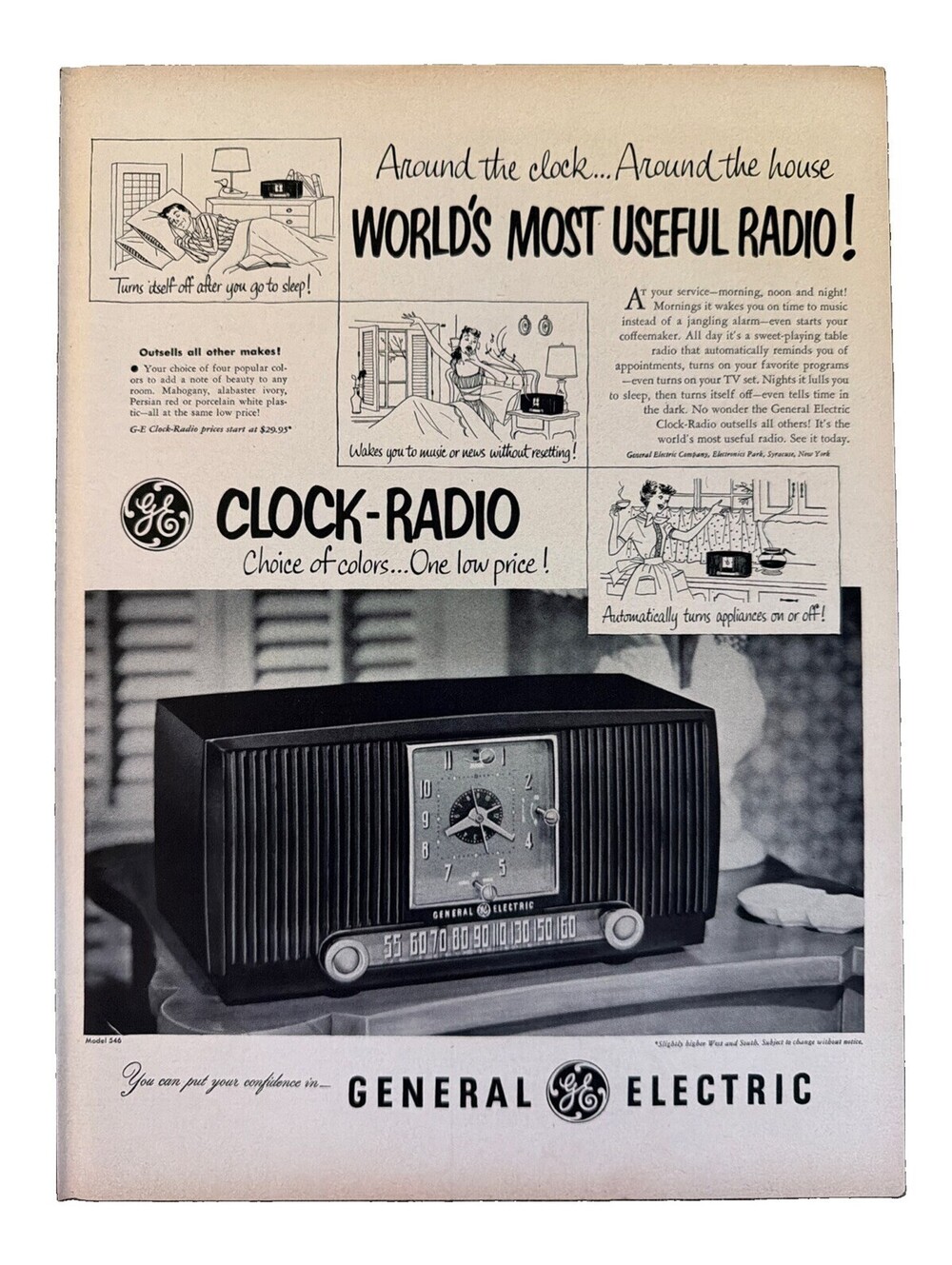 1952 General Electric Clock-Radio Print Ad GE Mid-Century Technology Americana